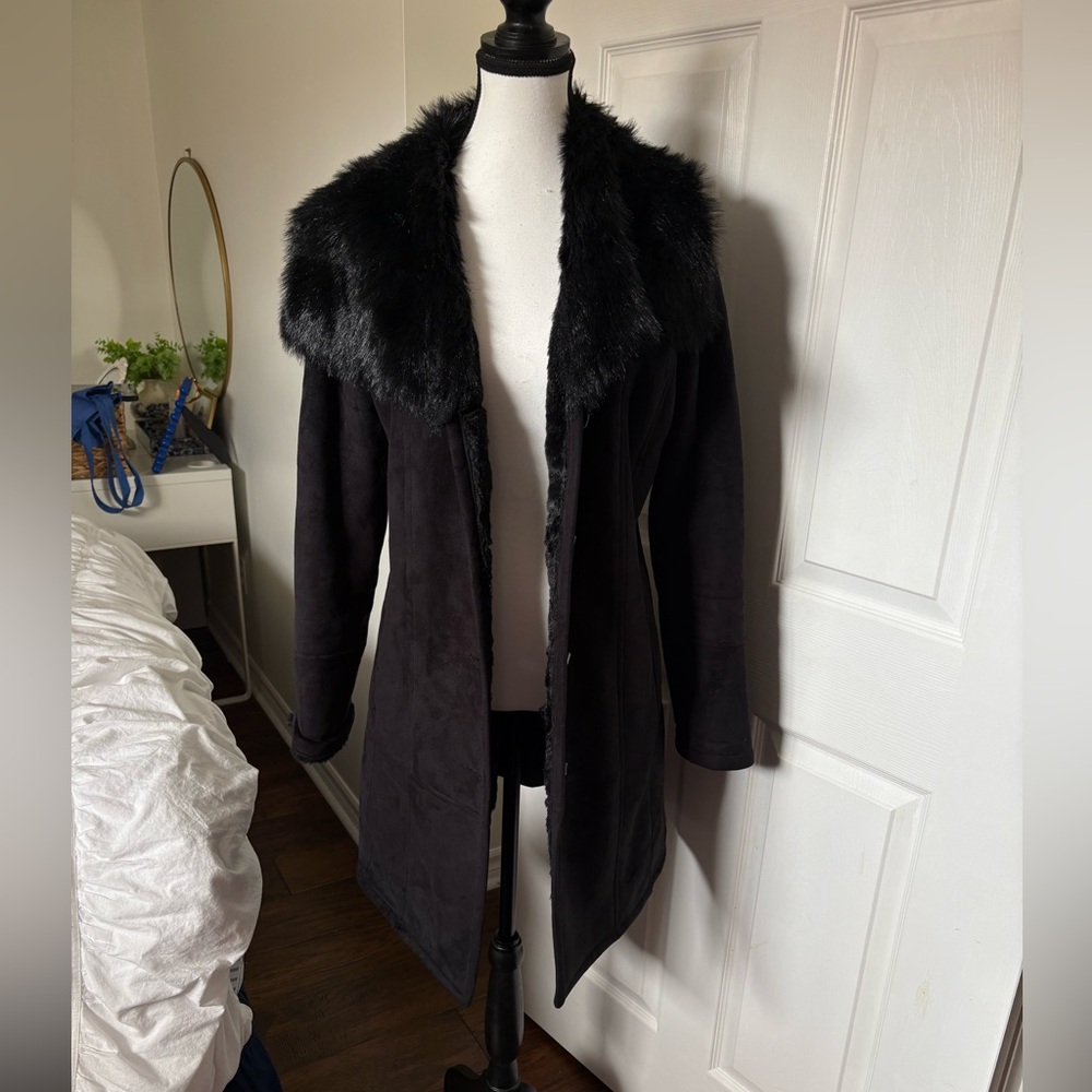 Nuage Black Faux Suede Fur Collar Coat Medium Y2K Winter Jacket